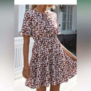 Red Pleated Ruffled Knee-Length Sundress